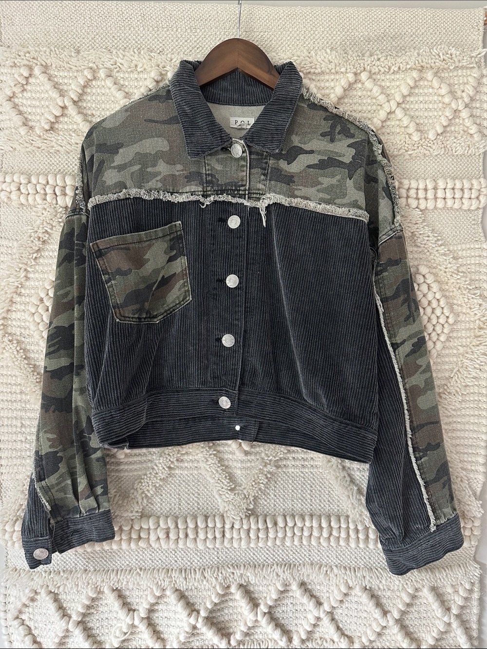 POL Cropped Mixed Corduroy & Camo Jacket - Black & Green